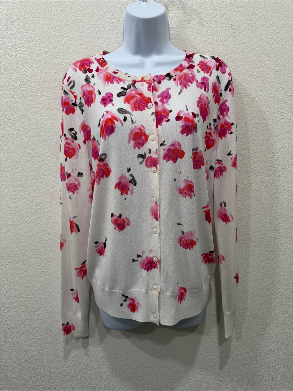 LELA ROSE White Cardigan with a Cascading Pink Floral Print🌸🌺
